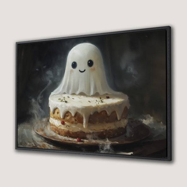 Framed Wall Art of a cute ghost cake in a whimsical style with a warm, dark color palette. Perfect Halloween decor!