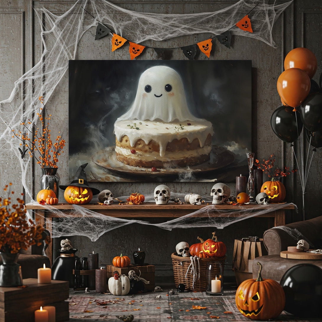 Framed Wall Art: Adorable ghost cake painting in a gold frame. Warm, autumn color palette. Perfect Halloween decor for a cozy, spooky vibe.