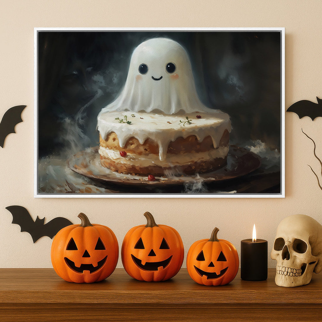 Framed Wall Art featuring a cute ghost cake in a dark, moody style. Perfect Halloween decor with a warm, neutral color palette. Shop now!