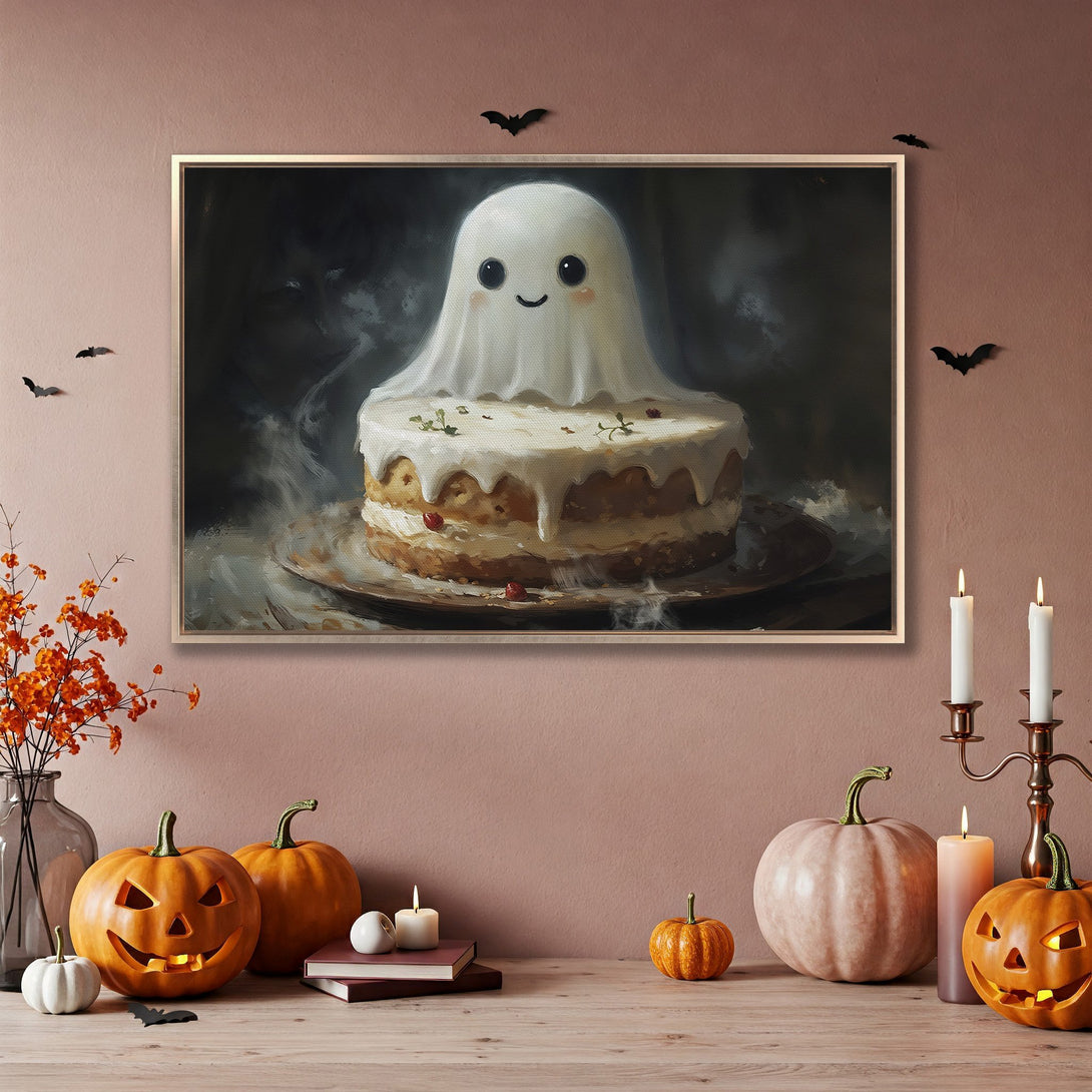 Framed Wall Art: Adorable ghost cake painting in a warm, inviting interior. Perfect Halloween decor with a cozy, neutral color palette.