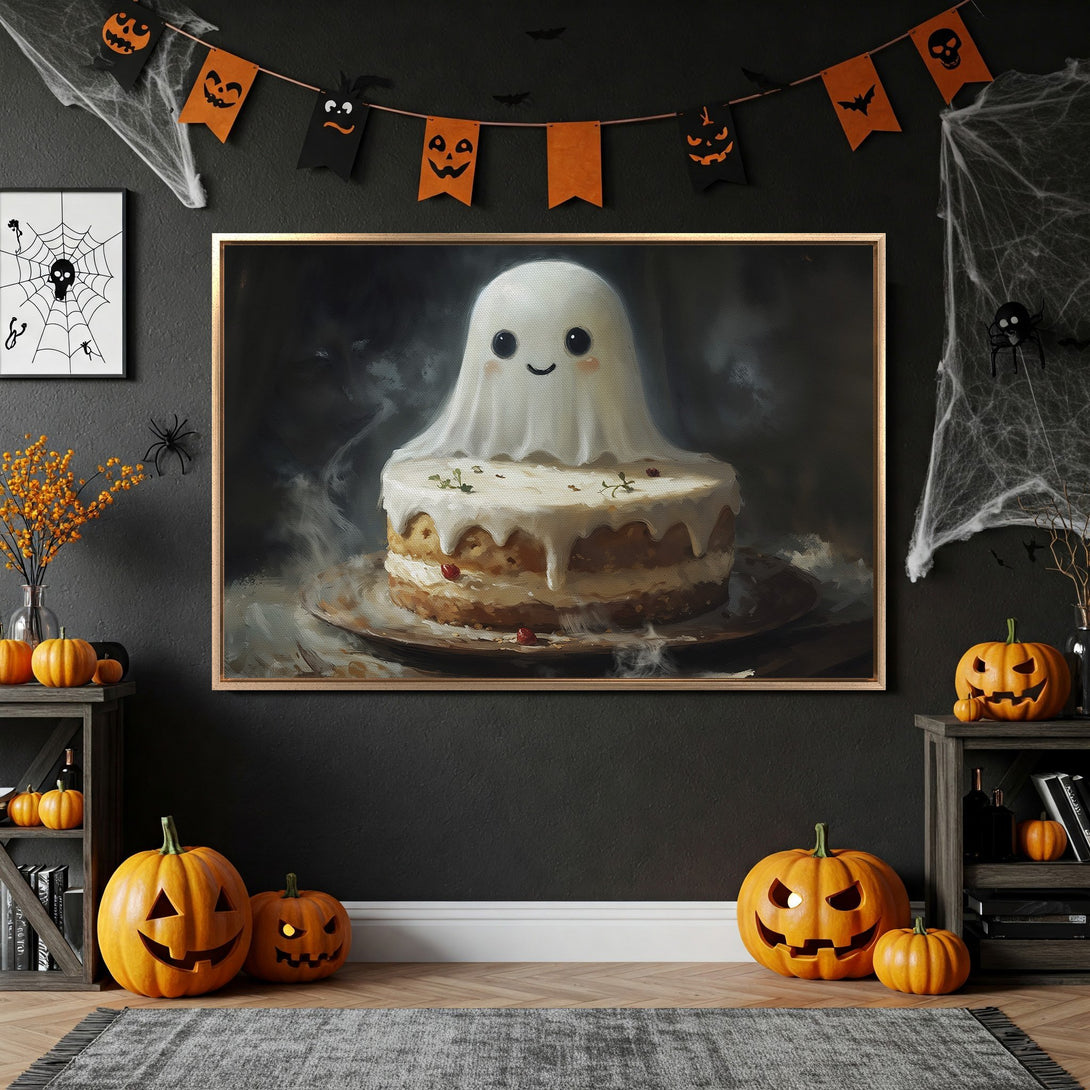 Framed Wall Art: Adorable ghost cake painting in a Halloween-themed interior. Warm, inviting color palette with a touch of spooky charm. Perfect for fall decor.