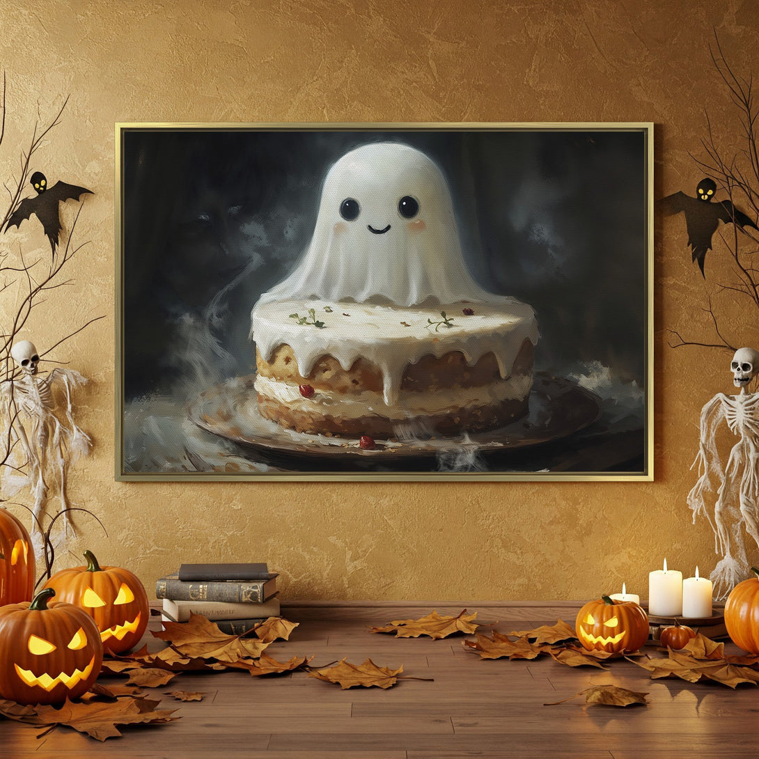 Halloween Canvas Print featuring a cute ghost cake, in a spooky interior with orange and black accents. Perfect for seasonal decor!
