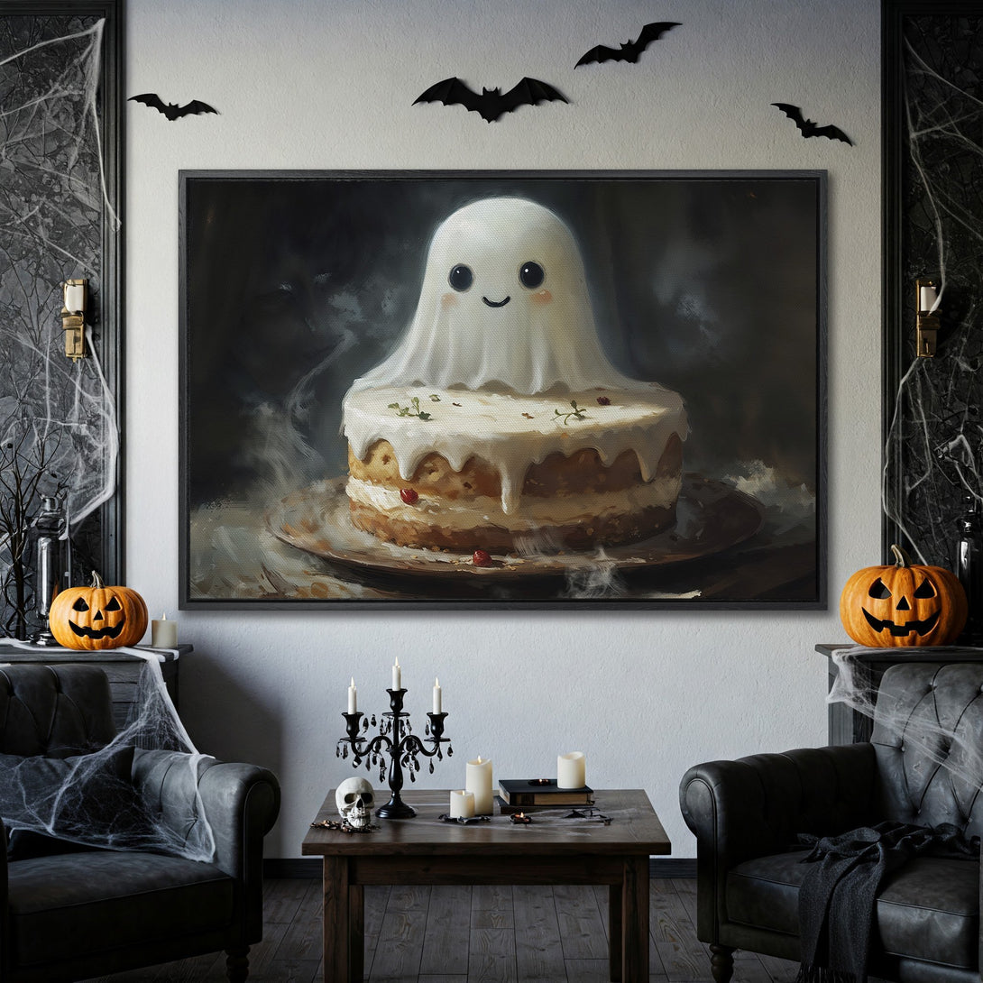 Framed Wall Art: Adorable ghost cake painting in a spooky Halloween interior. Features a neutral color palette with black accents. Perfect for festive decor!