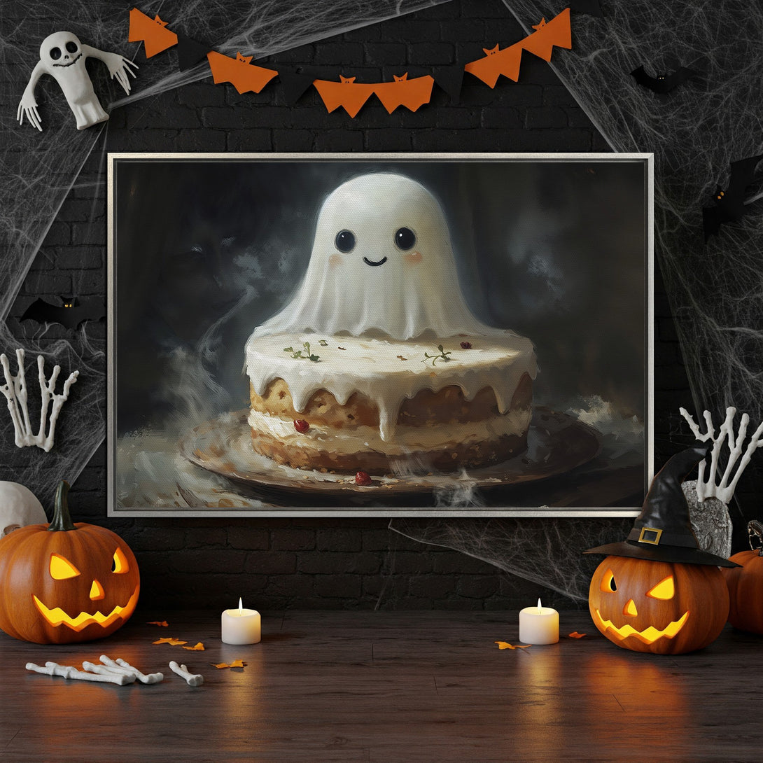 Framed Wall Art featuring a cute ghost cake illustration in a Halloween setting. Warm, inviting color palette with orange, black, and cream tones. Perfect for spooky decor.