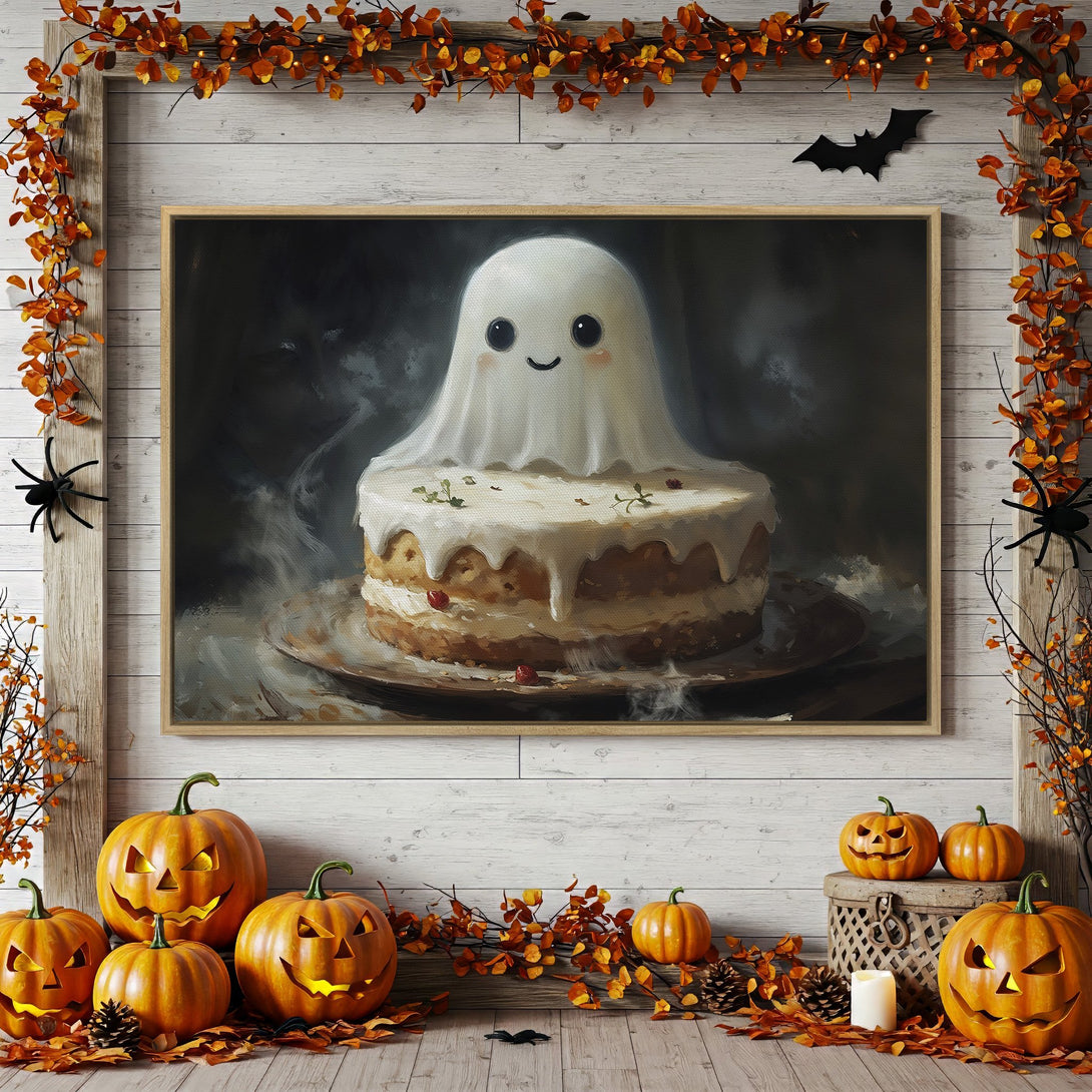 Framed Wall Art: Adorable ghost cake painting in warm, autumnal tones. Perfect Halloween decor! Shop Canvas Prints for unique art.