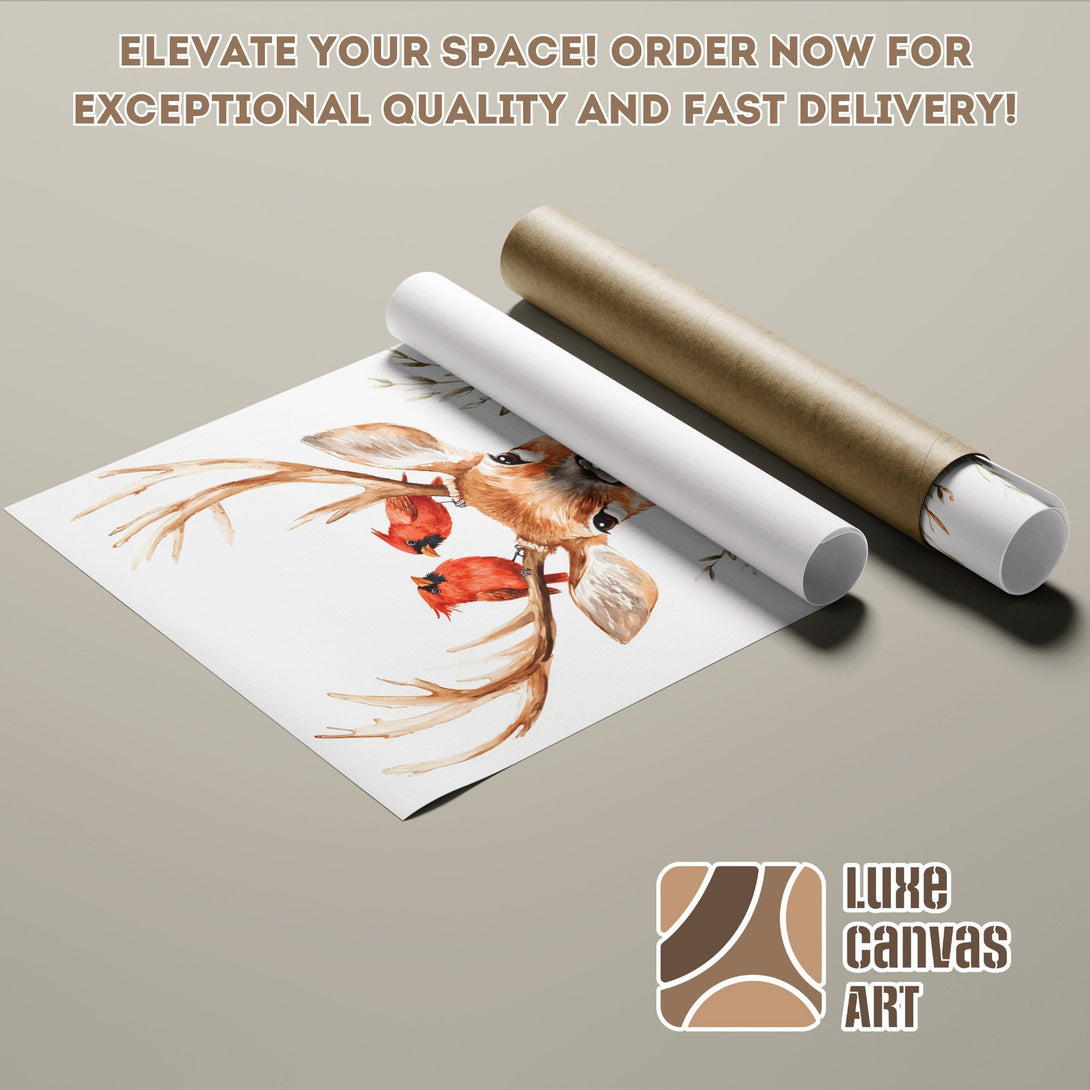 Watercolor deer and cardinal Poster Roll art print in warm neutral tones. Elevate your space!