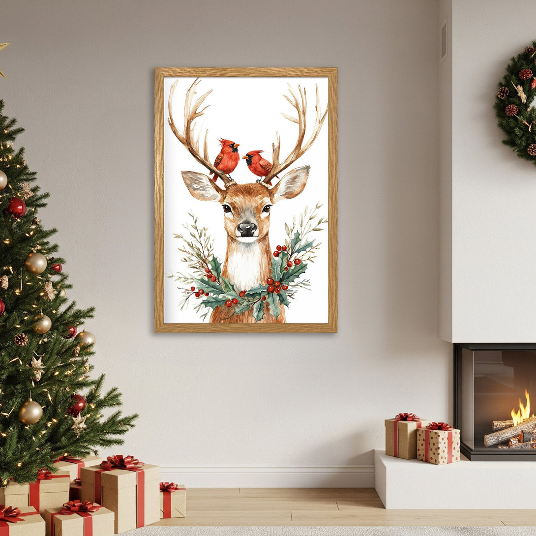 Framed Poster featuring a watercolor deer with cardinals, festive holiday art in warm tones. Perfect Christmas decor!