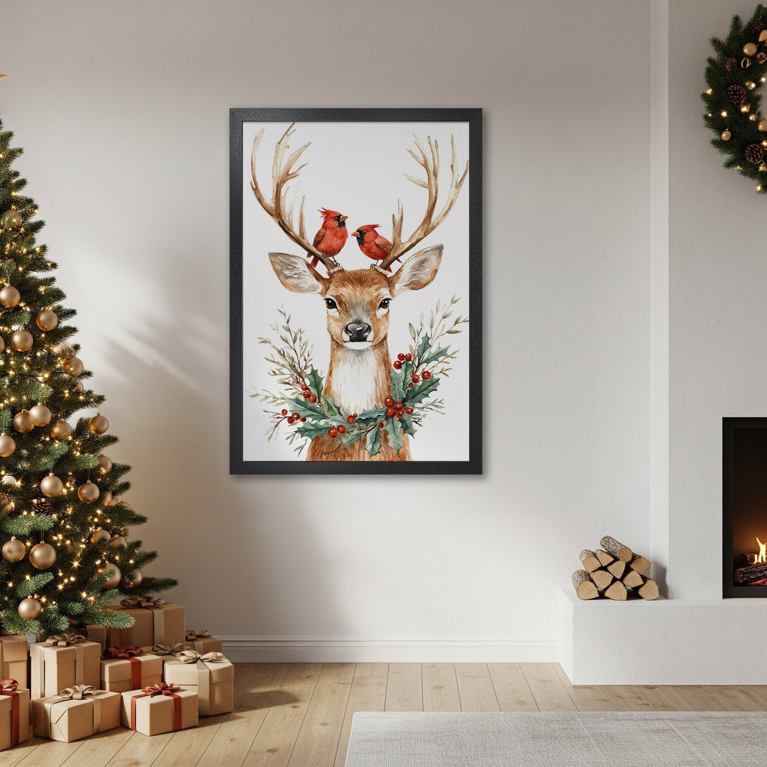 Framed Poster featuring a watercolor deer with cardinals. Festive holiday art in warm, natural tones. Perfect Christmas decor.