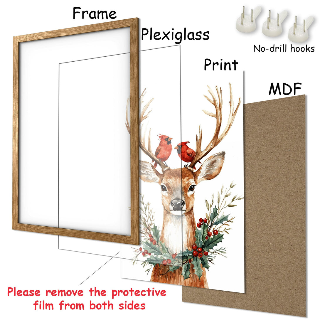 Framed Poster featuring a watercolor deer with red birds, warm tones, and a natural wood frame. Perfect wall art!