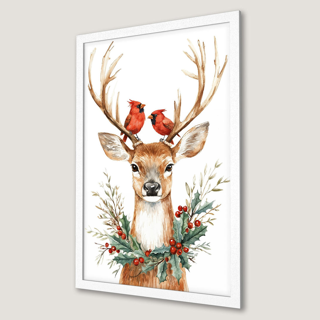 Framed Poster featuring a watercolor deer with cardinals, holly, and a warm color palette. Perfect holiday decor!