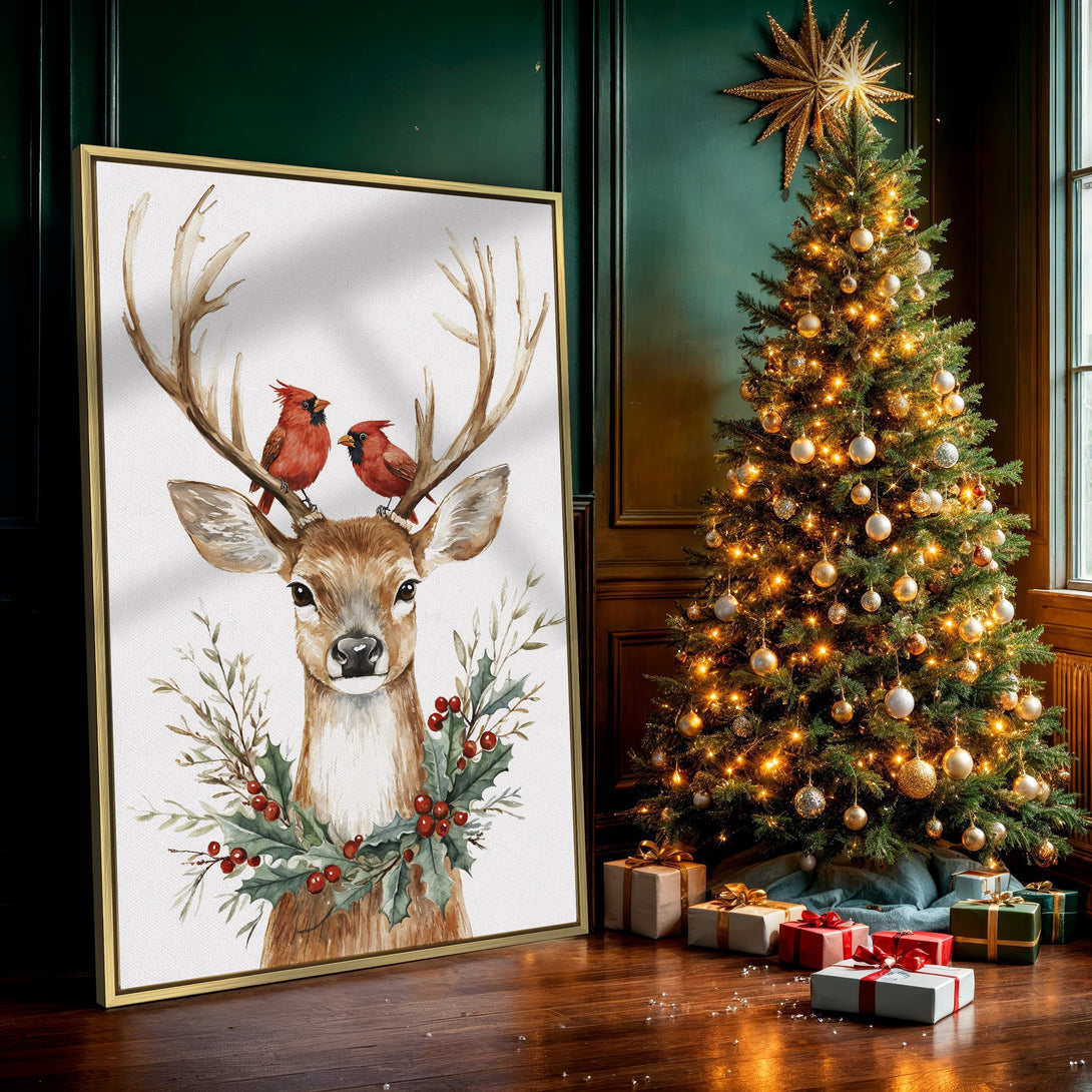 Canvas Print featuring a watercolor deer with red birds, holly, and a warm, neutral color palette. Perfect for holiday decor!