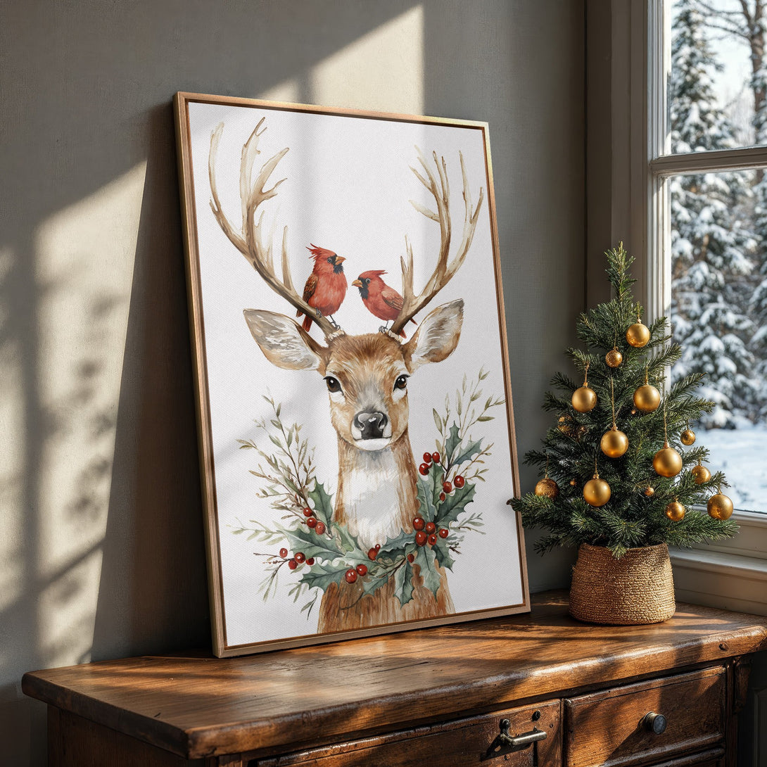 Framed Wall Art: Watercolor deer with cardinals, holiday decor. Warm, inviting color palette with brown, red, and green tones. Perfect Christmas wall art.