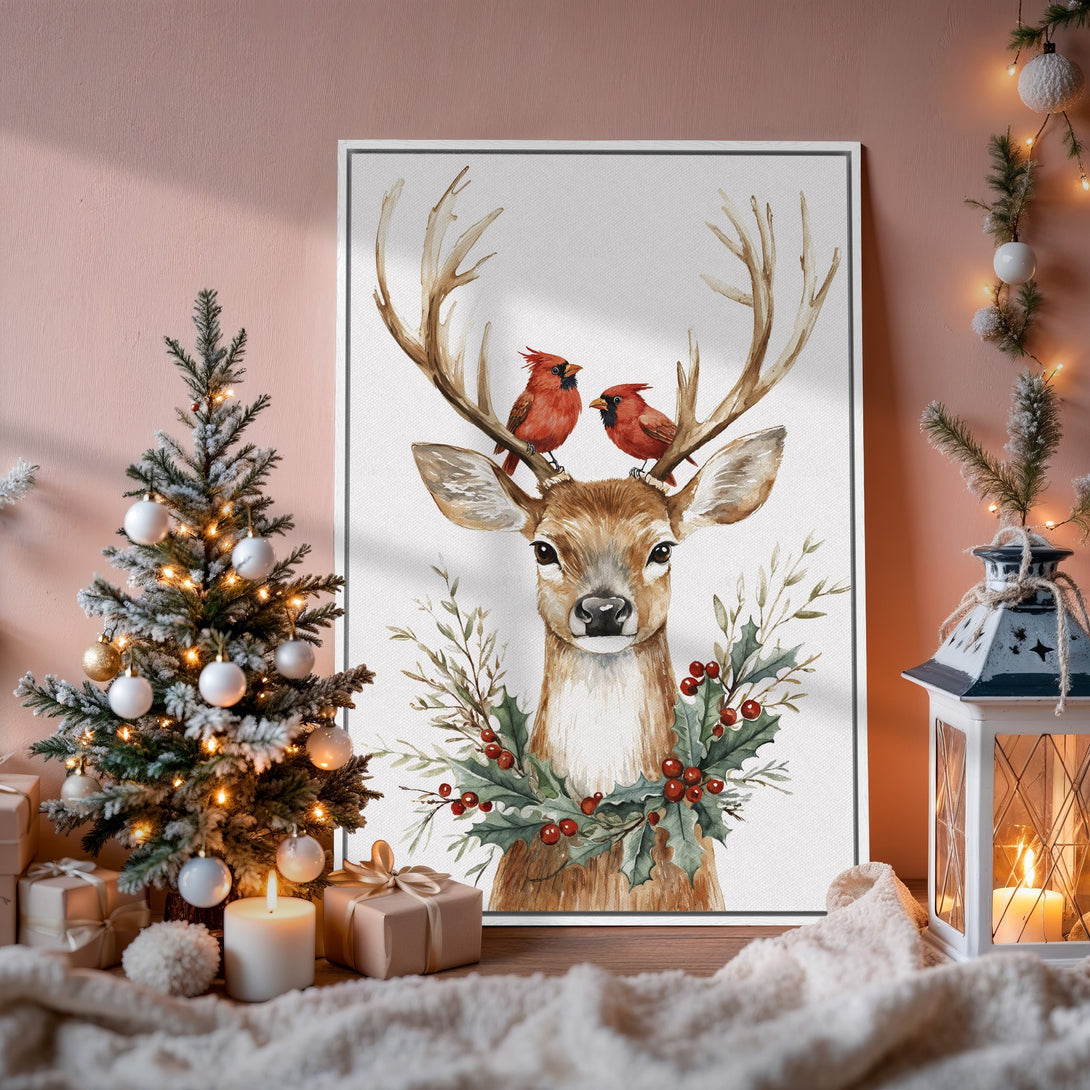 Framed Wall Art: Watercolor deer with cardinals, festive holiday decor. Warm, inviting color palette of browns, reds, and greens. Perfect Christmas gift!