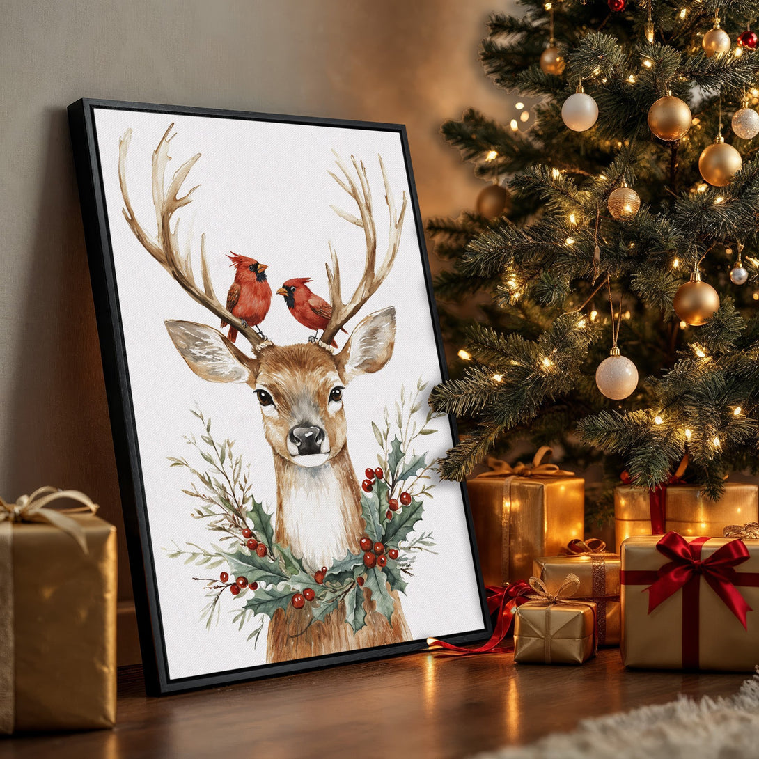 Framed Wall Art: Watercolor deer with cardinals, festive holiday decor. Warm, earthy tones with pops of red create a cozy Christmas vibe. Perfect for seasonal decorating.
