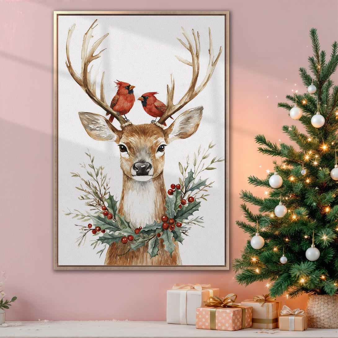 Framed Wall Art: Watercolor deer with cardinals, festive holiday decor. Warm brown, red, and green palette. Perfect Christmas wall art.