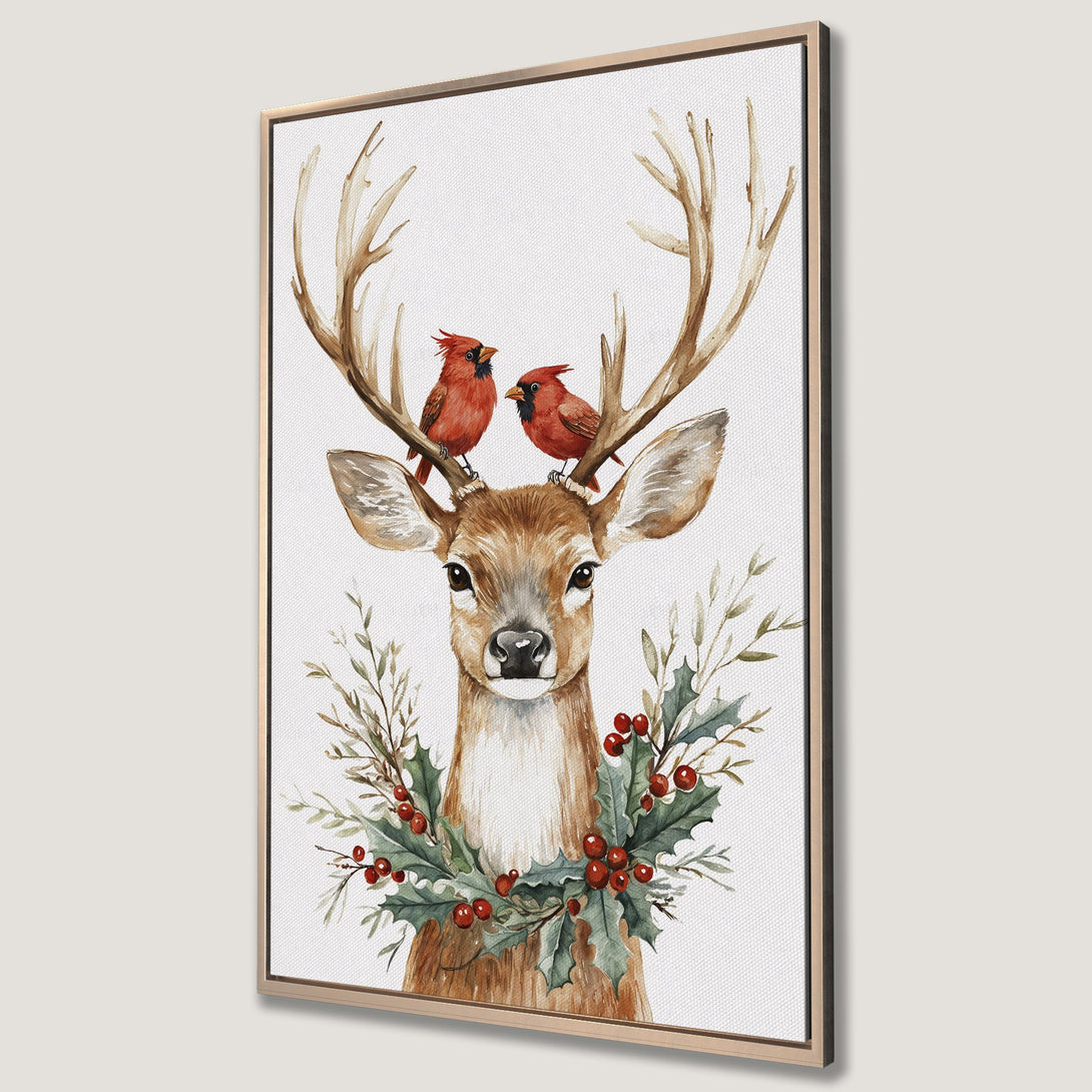 Framed Wall Art: Watercolor deer with cardinals, rustic style, warm brown, red, and green palette. Perfect for holiday decor!
