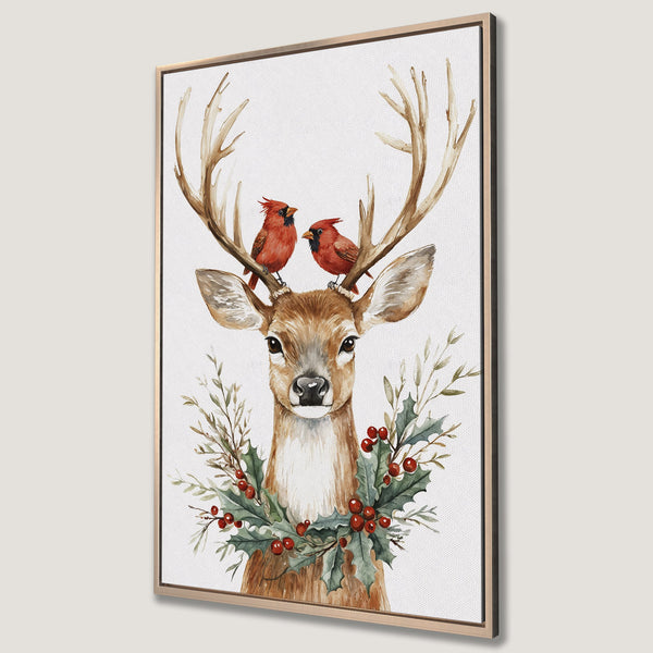 Framed Wall Art: Watercolor deer with cardinals, rustic style, warm brown, red, and green palette. Perfect for holiday decor!
