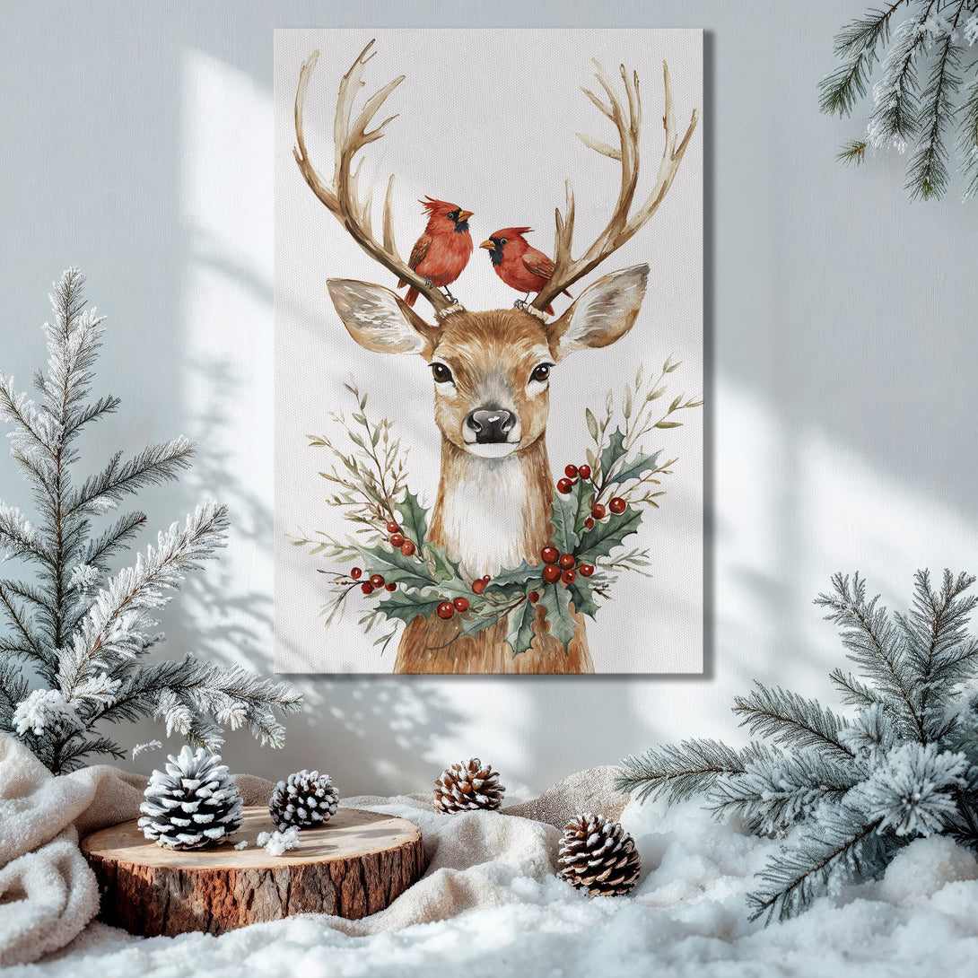 Framed Wall Art: Watercolor deer with cardinals, festive holiday decor. Earthy tones and red accents create a cozy Christmas vibe. Perfect for your home!