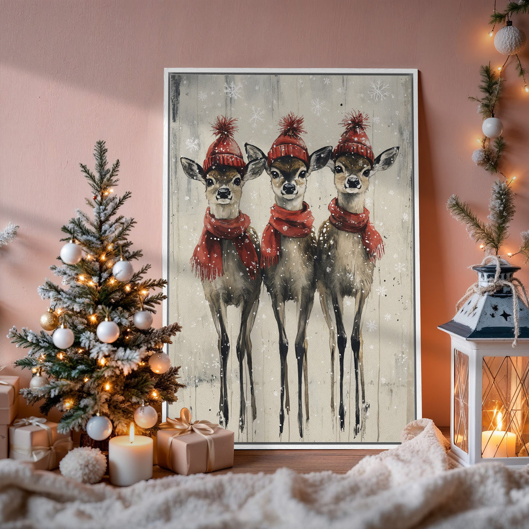 Framed Wall Art: Whimsical deer in red hats & scarves. Rustic style, neutral & red color palette. Perfect Christmas decor.