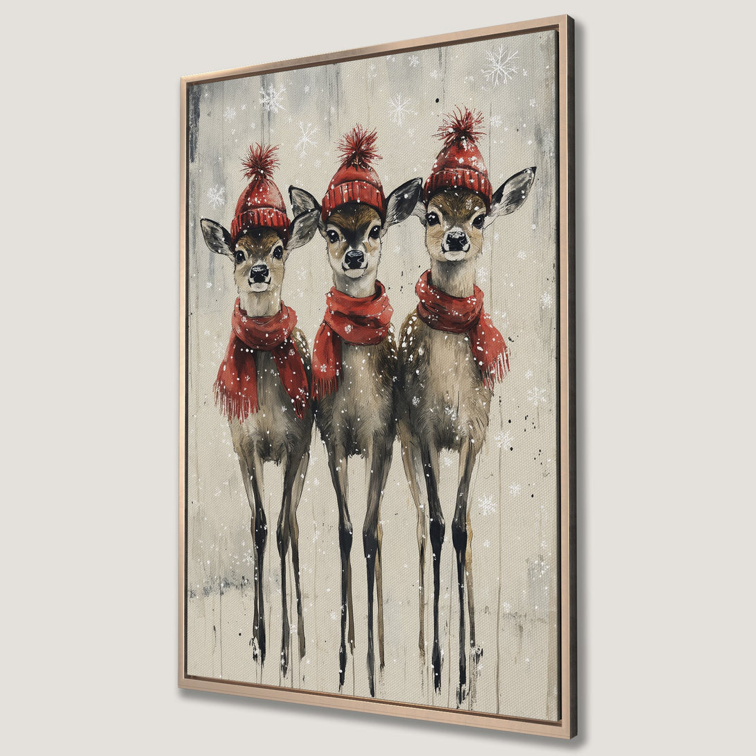 Framed Wall Art: Watercolor painting of three deer in red hats and scarves, winter scene. Neutral, warm color palette. Perfect holiday decor.