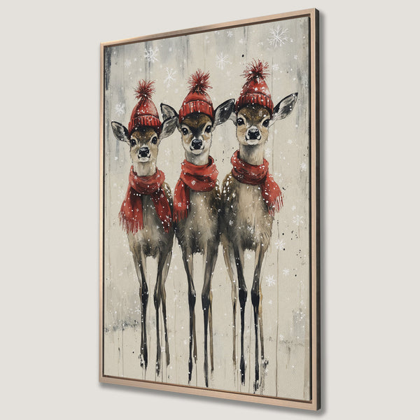 Framed Wall Art: Watercolor painting of three deer in red hats and scarves, winter scene. Neutral, warm color palette. Perfect holiday decor.