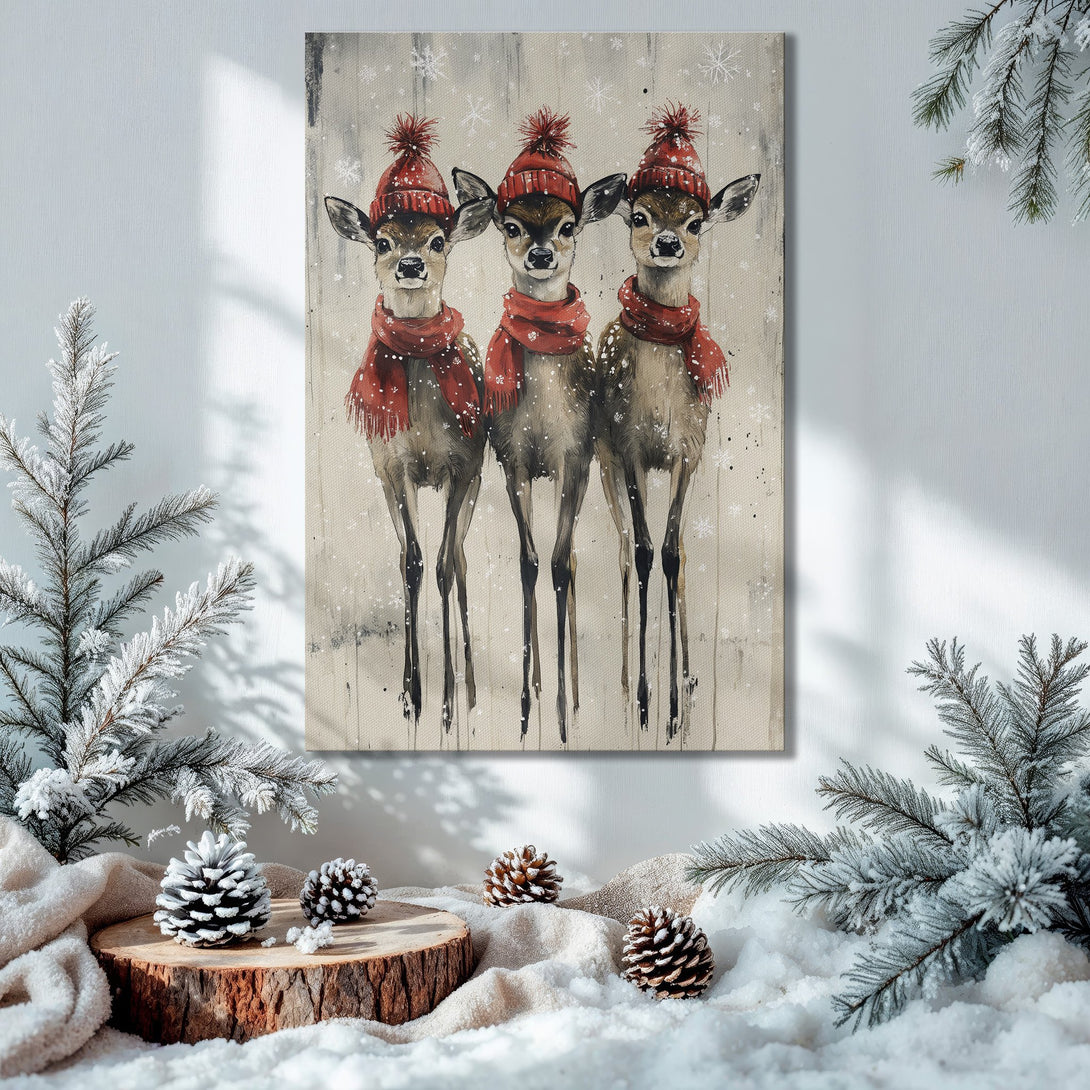 Framed Wall Art: Watercolor deer in red hats & scarves. Festive holiday decor with warm tones, perfect for Christmas.