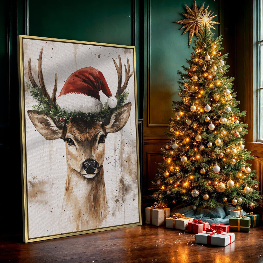 Canvas Print of a watercolor deer wearing a Santa hat. Rustic style, warm brown and red tones. Perfect Christmas wall art!