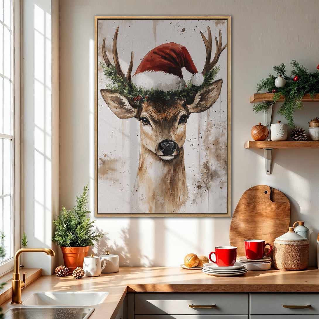 Framed Wall Art: Watercolor deer with Santa hat. Rustic style, warm neutral palette. Perfect Christmas decor for your kitchen or living room.