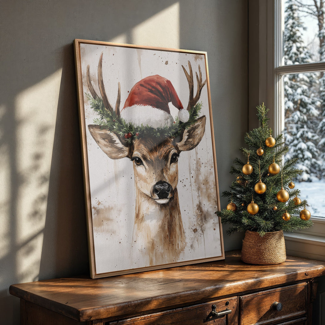 Framed Wall Art: Watercolor deer in Santa hat. Rustic style, warm brown, red, and green palette. Perfect Christmas decor for your home.