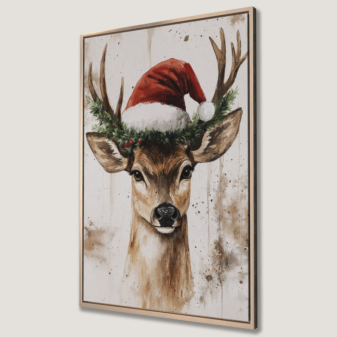 Framed Wall Art: Watercolor deer wearing Santa hat. Rustic style with warm brown, red, and green tones. Perfect Christmas decor!