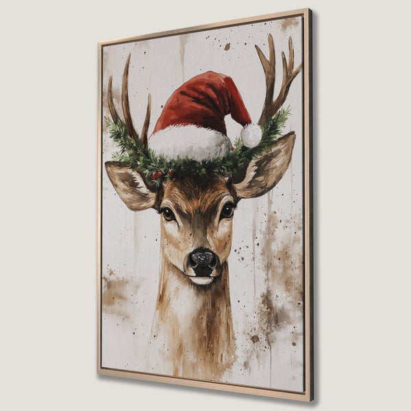 Framed Wall Art: Watercolor deer wearing Santa hat. Rustic style with warm brown, red, and green tones. Perfect Christmas decor!