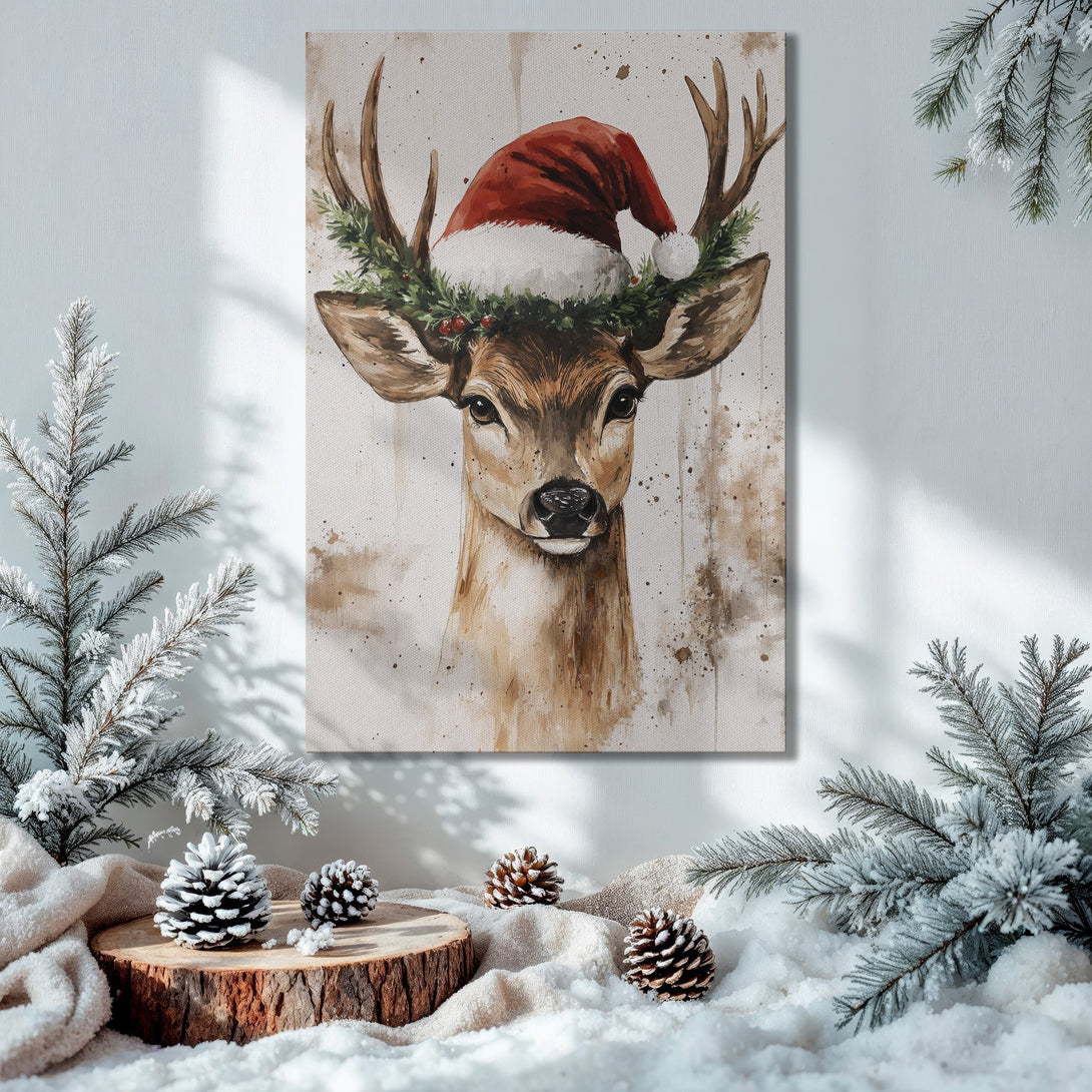 Framed Wall Art: Watercolor deer in Santa hat, warm brown and red tones. Perfect Christmas decor!