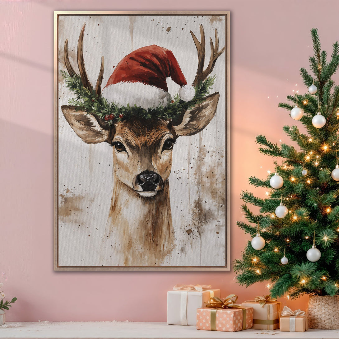 Framed Wall Art: Watercolor deer in Santa hat. Warm, neutral color palette. Perfect Christmas decor! Shop our festive canvas prints and add holiday cheer to your home.