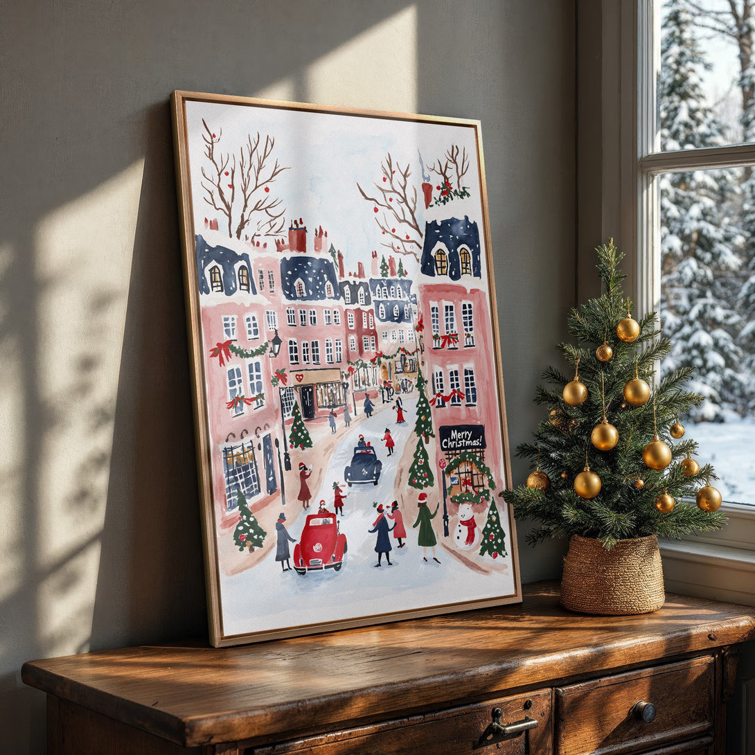 Framed Wall Art: Watercolor Christmas scene in pink & blue. Festive street art print with a cozy, wintery vibe. Perfect holiday decor.