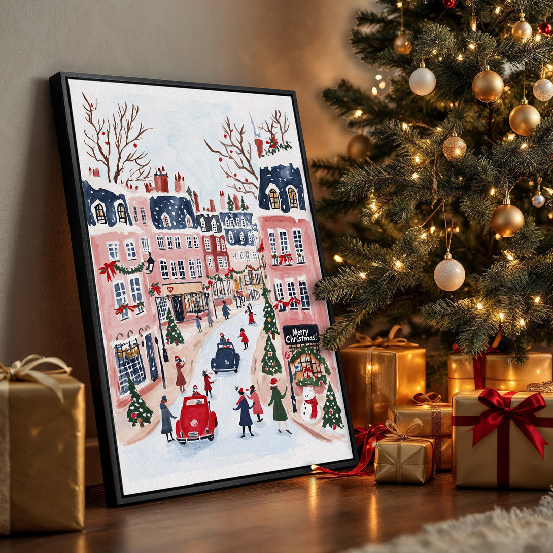 Framed Wall Art: Watercolor Christmas street scene in pink and blue tones. Festive holiday decor, perfect for adding warmth and cheer to your home.