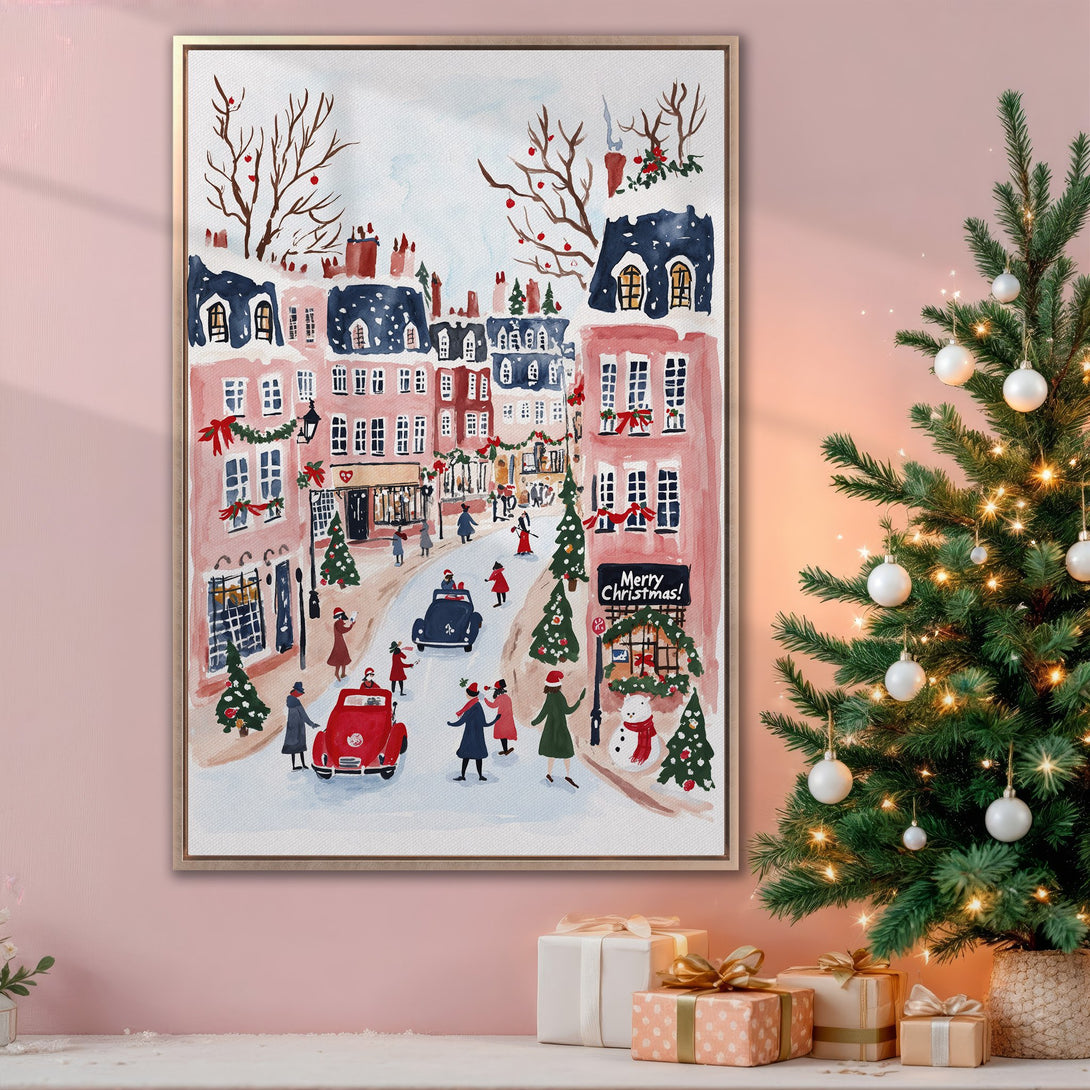 Framed Wall Art: Watercolor Christmas scene in pink, red, and blue. Charming winter streetscape with festive decorations. Perfect holiday decor!