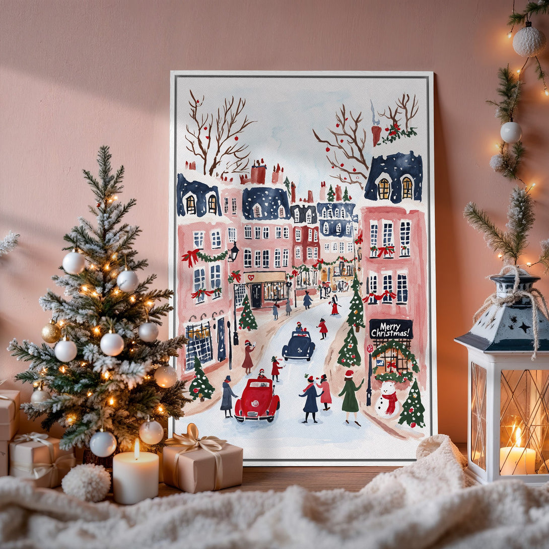 Framed Wall Art: Watercolor Christmas scene in pink & blue. Festive winter cityscape Canvas Print, perfect holiday decor.