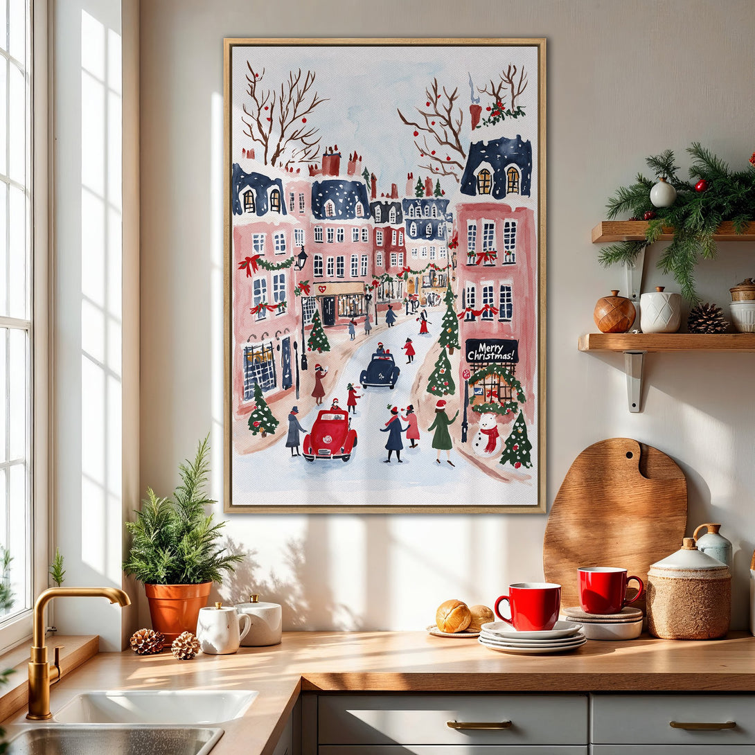 Framed Wall Art: Watercolor Christmas scene in pink & blue. Charming holiday decor featuring a snowy townscape. Perfect for adding festive cheer to your home!