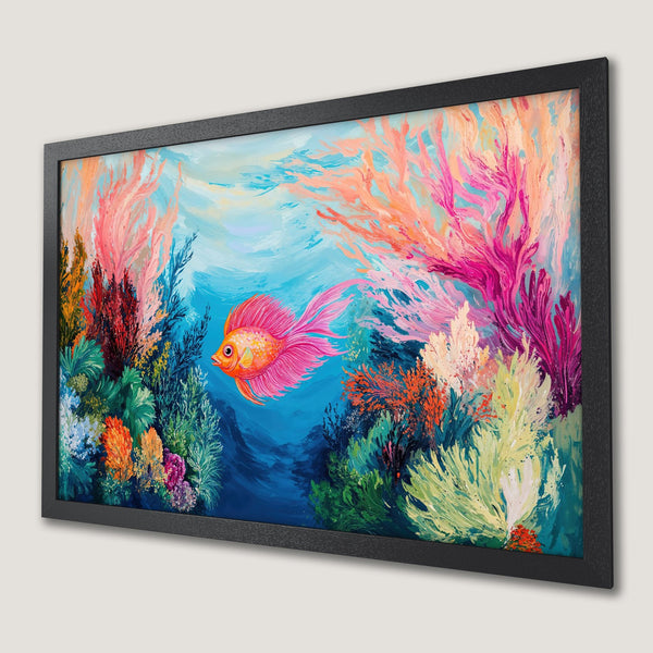 Framed Poster of a vibrant underwater scene with a fish, painted in an impressionistic style with a colorful palette of blues, pinks, and oranges.