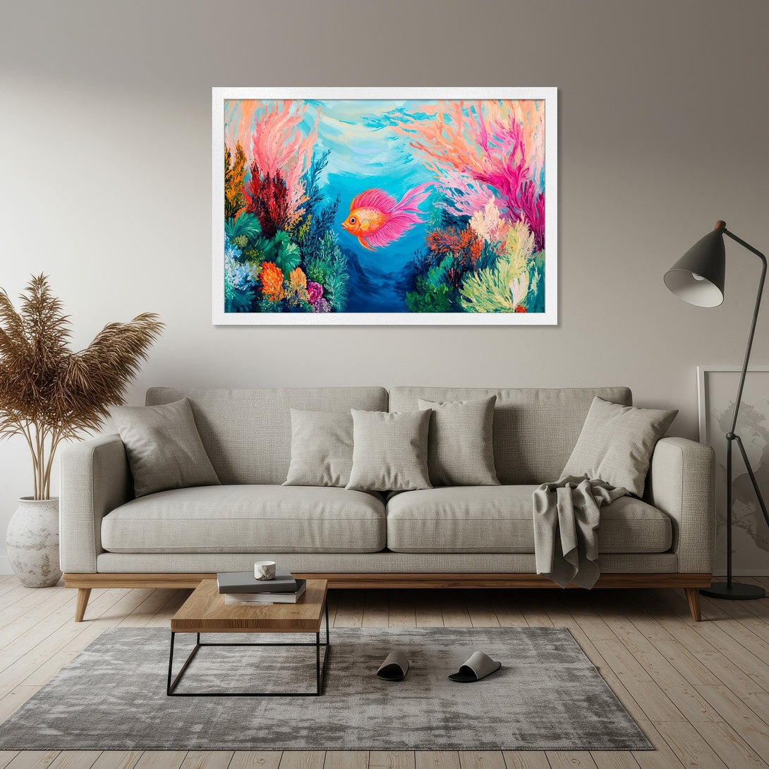 Framed Poster of a vibrant coral reef scene with a pink fish. Colorful, impressionistic style, perfect for coastal decor.