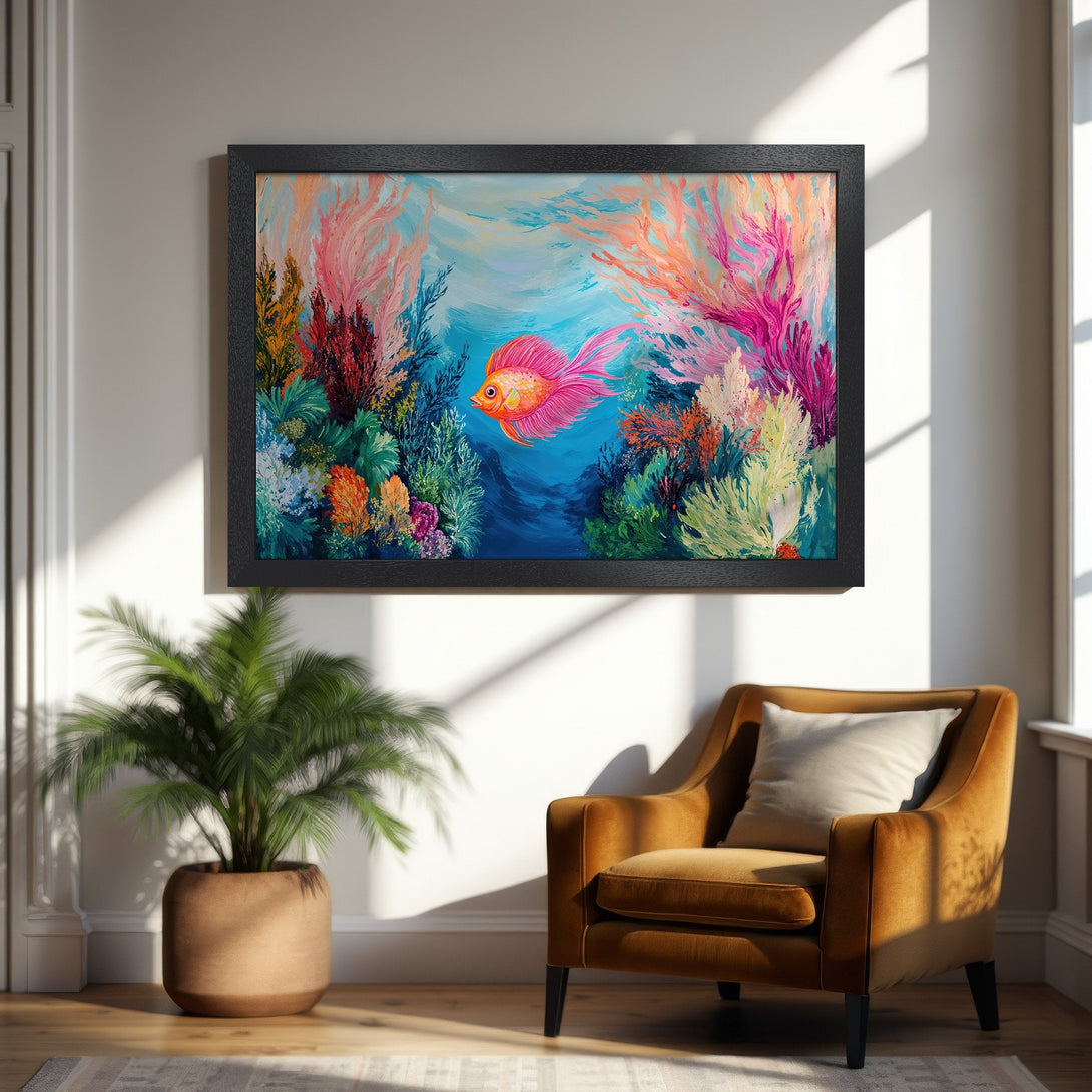 Framed Poster featuring a vibrant fish and coral reef painting in a colorful palette. Perfect for adding a splash of art to your space!