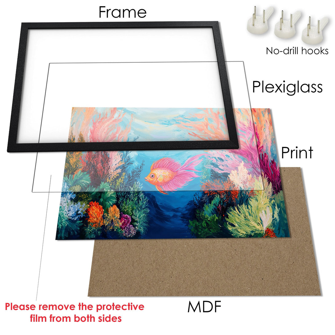 Framed Poster of a vibrant coral reef scene with a pink fish. Artistic style, colorful palette. Perfect wall art!