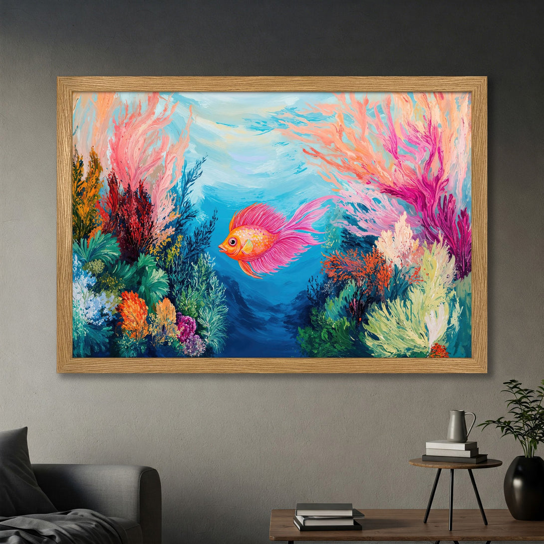 Framed Poster featuring a vibrant underwater scene with a colorful fish. Impressionistic style, bright pink, orange, and blue color palette. Perfect wall art.