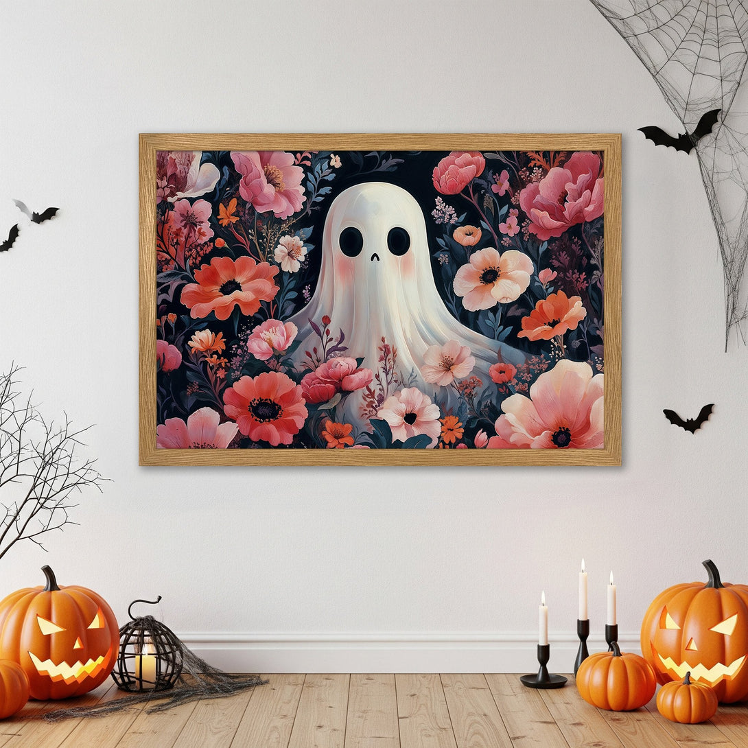 Framed Poster featuring a ghost in a floral garden, whimsical style, with a dark, pink, and orange palette. Halloween decor.