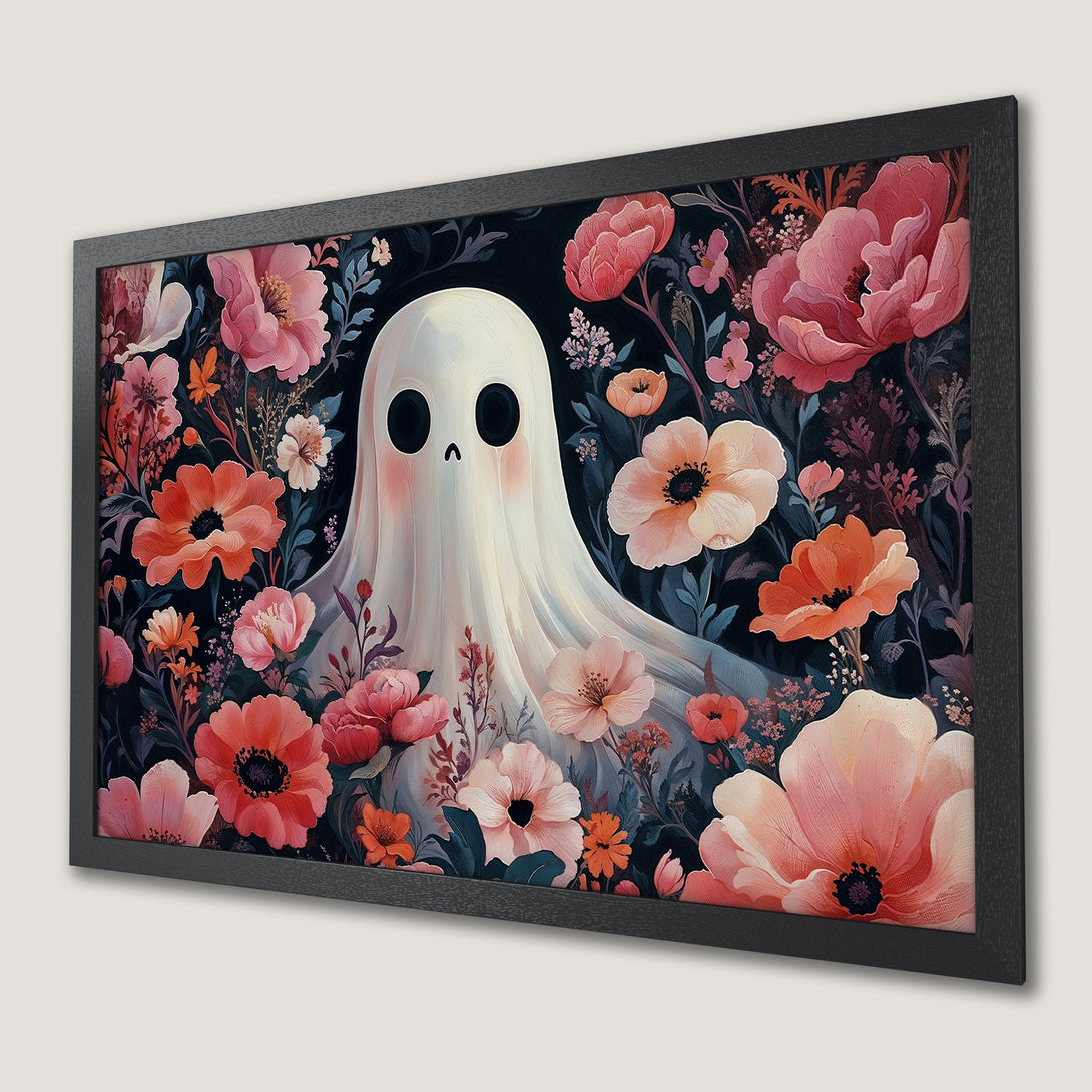 Framed Poster featuring a whimsical ghost in a floral garden, with a soft, painterly style and a pink and dark teal color palette.
