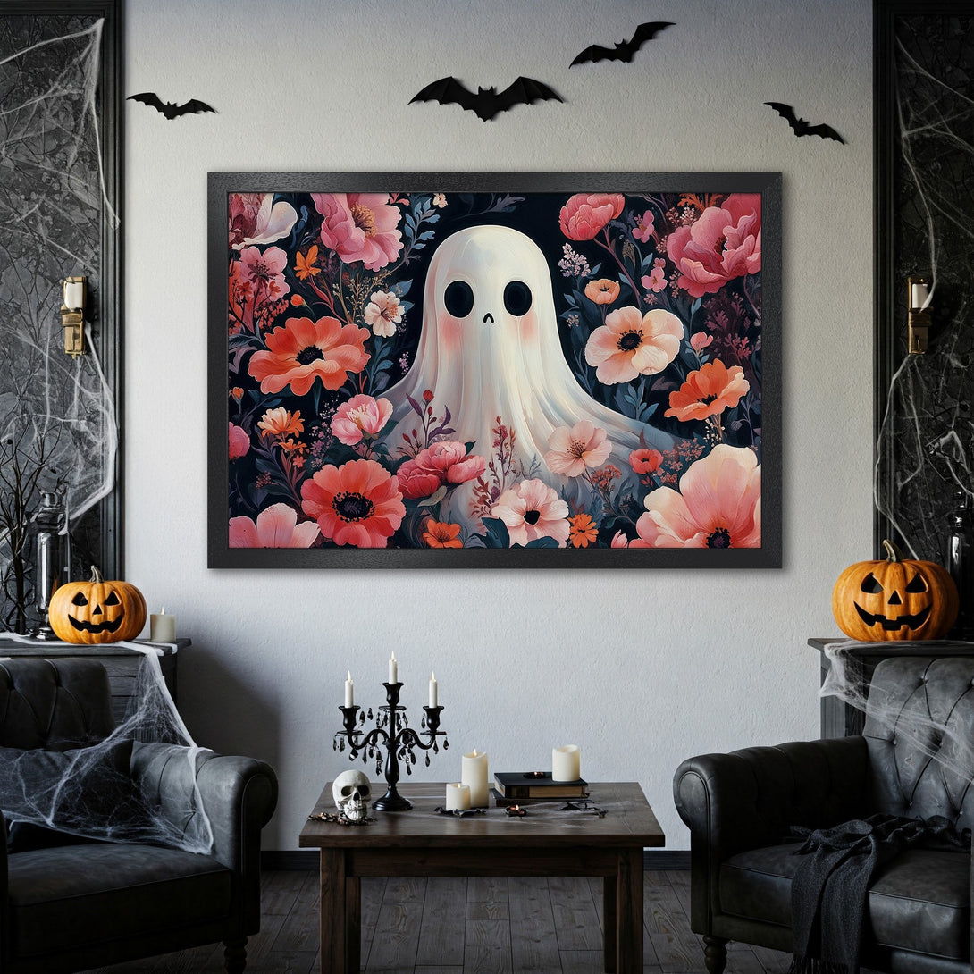 Framed Poster featuring a whimsical ghost in a floral arrangement. Soft, pastel colors on a dark background. Perfect Halloween decor.