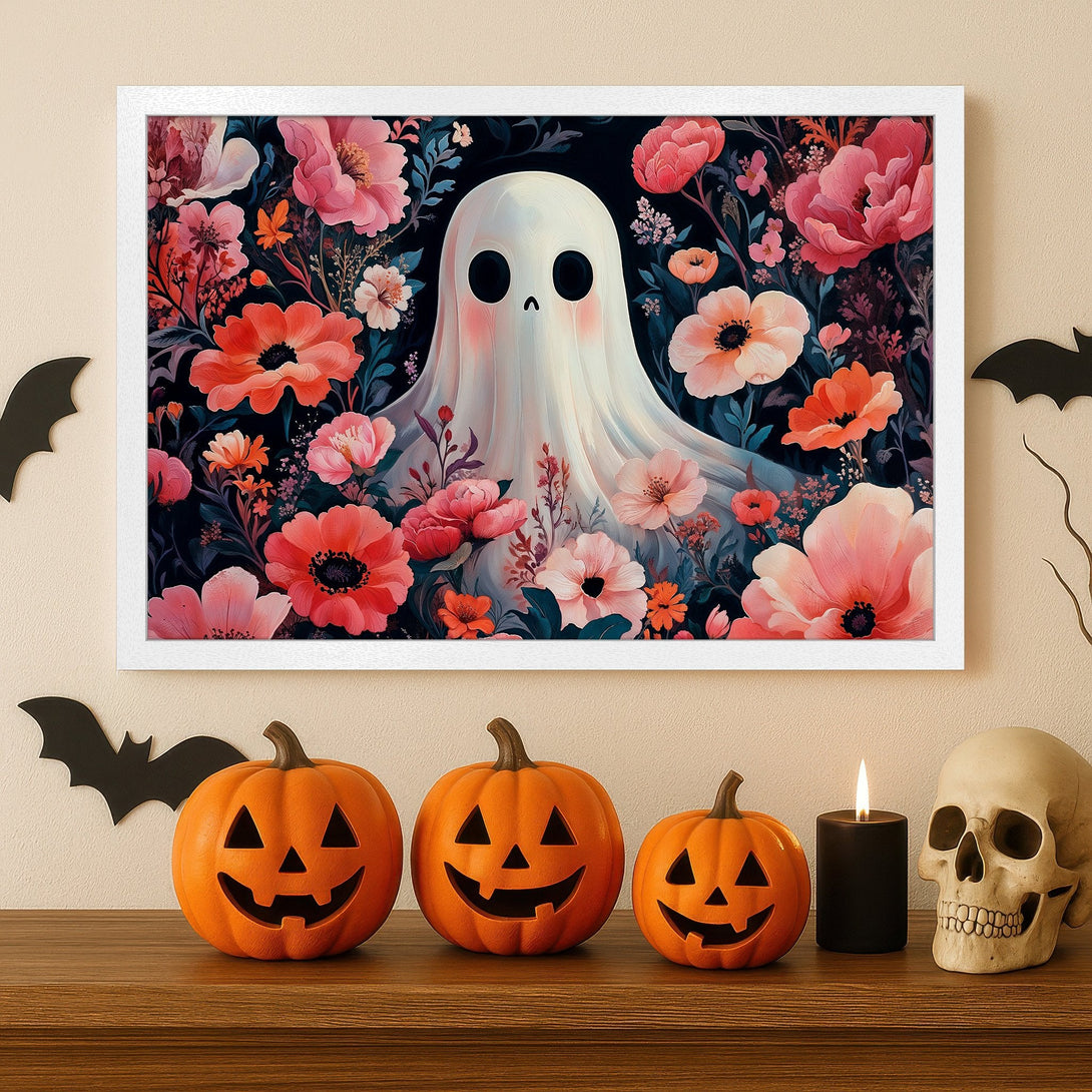 Framed Poster featuring a cute ghost in a floral garden, vibrant pink and orange palette, perfect Halloween decor.