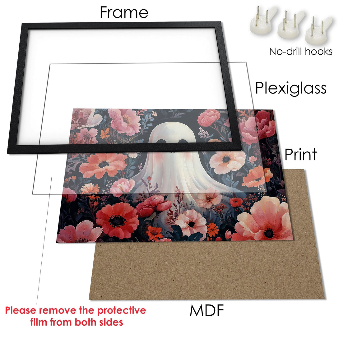 Framed Poster featuring a whimsical ghost in a floral design. Soft, romantic style with a pink, red, and dark blue color palette. Perfect wall art!