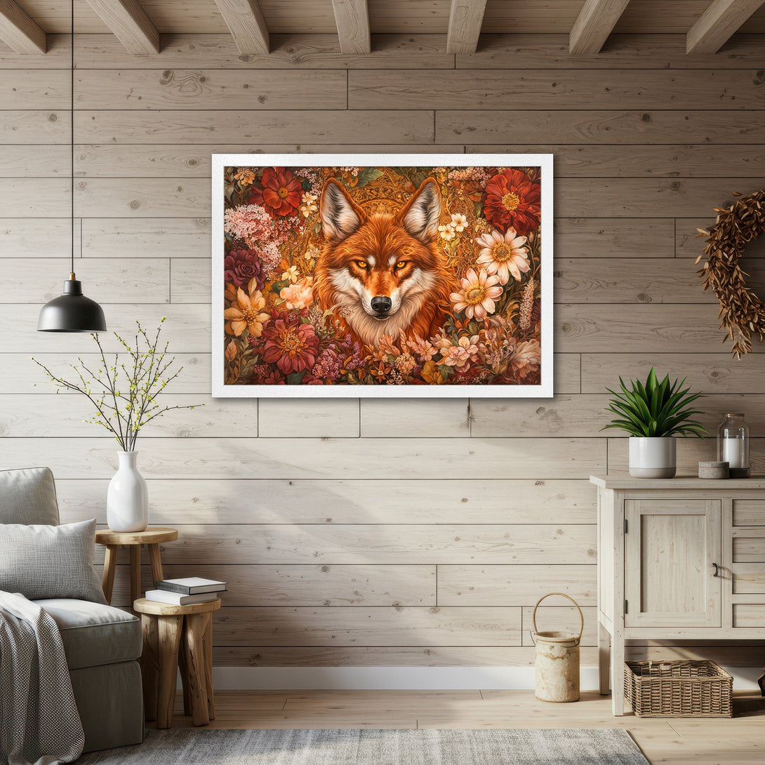 Framed Poster featuring a fox in floral art, warm earthy tones. Add a touch of nature to your home with this beautiful artwork.