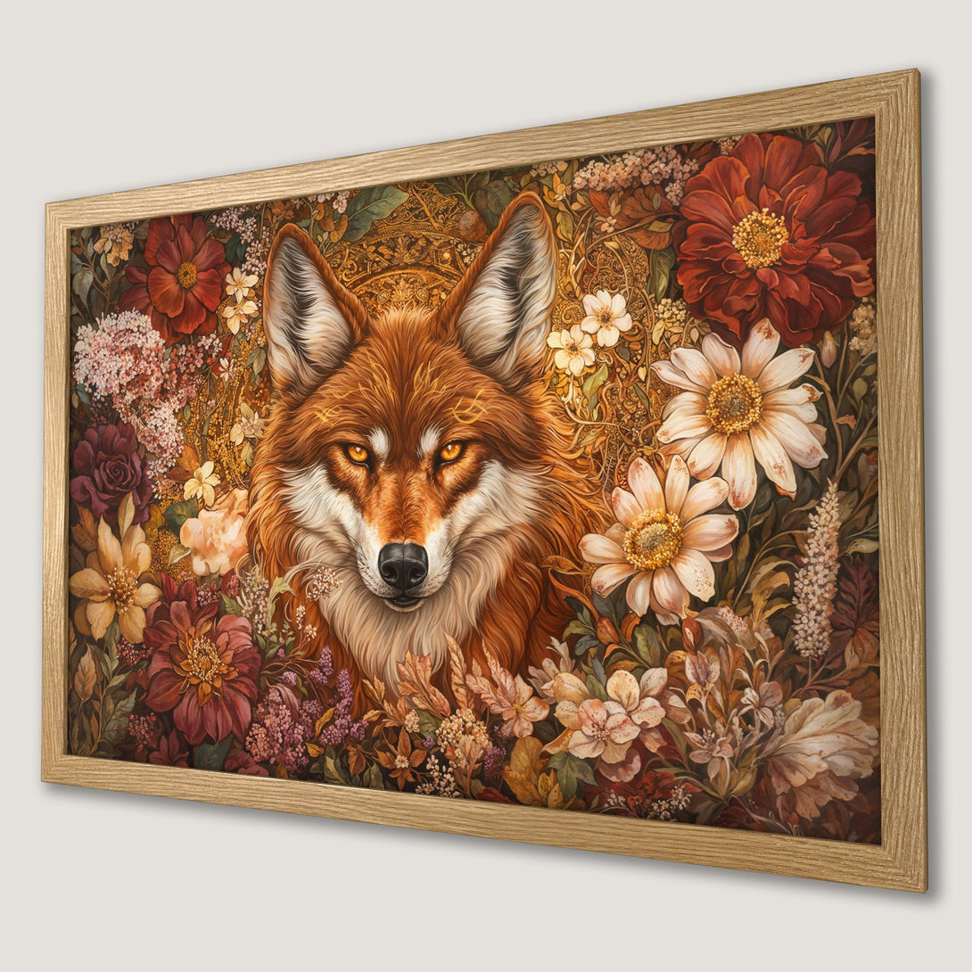 Framed Poster featuring a fox in a floral design. Warm, earthy color palette with red, orange, and brown tones. Perfect wall art for any space.